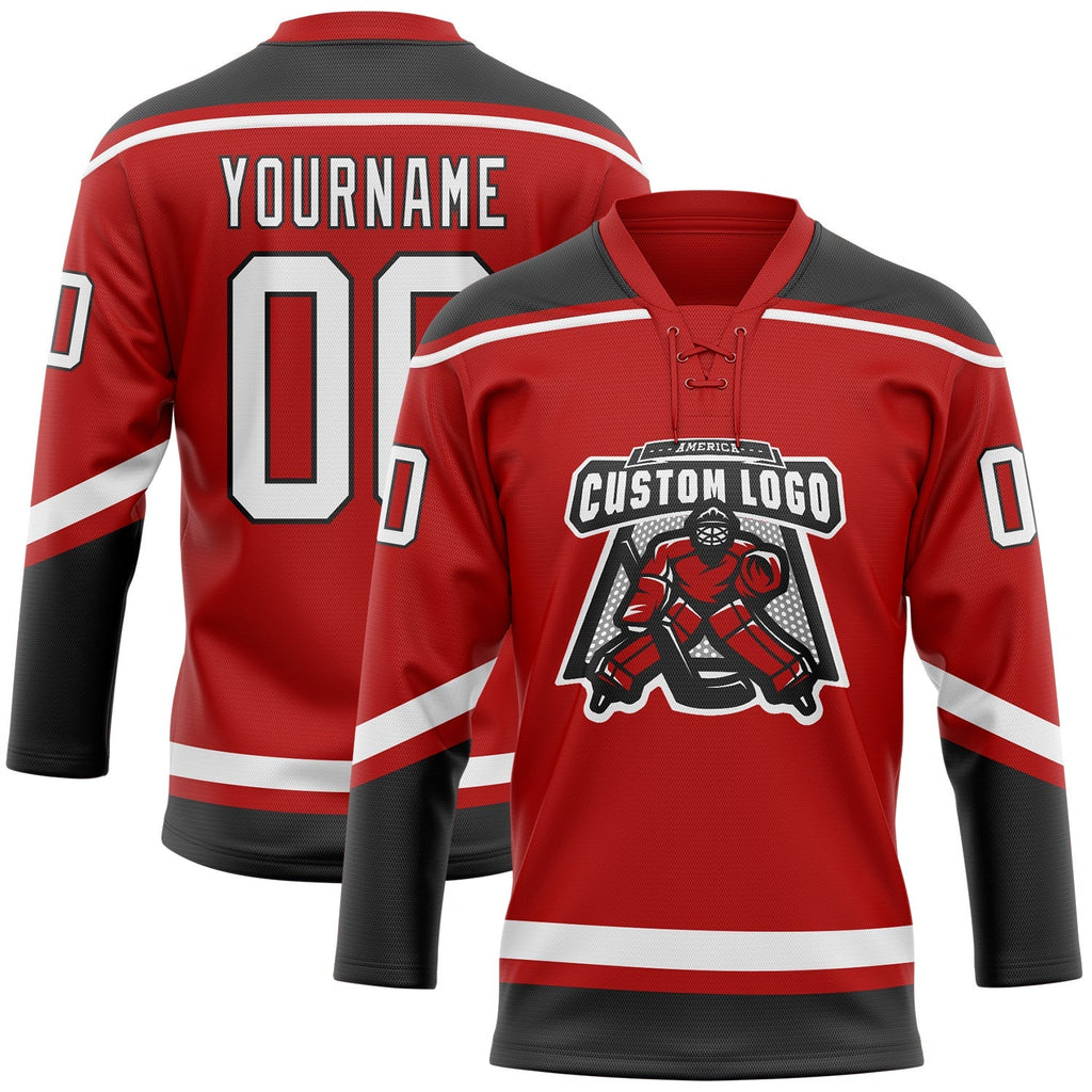 Custom Hockey Jersey - Red White-Black Lace Neck product image 2