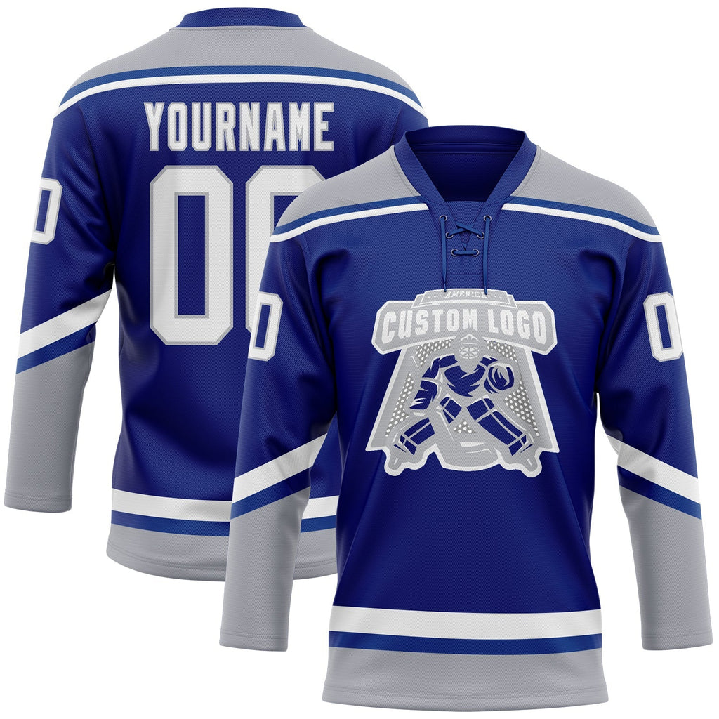 Custom Hockey Jersey - Royal White-Gray Lace Neck product image 2