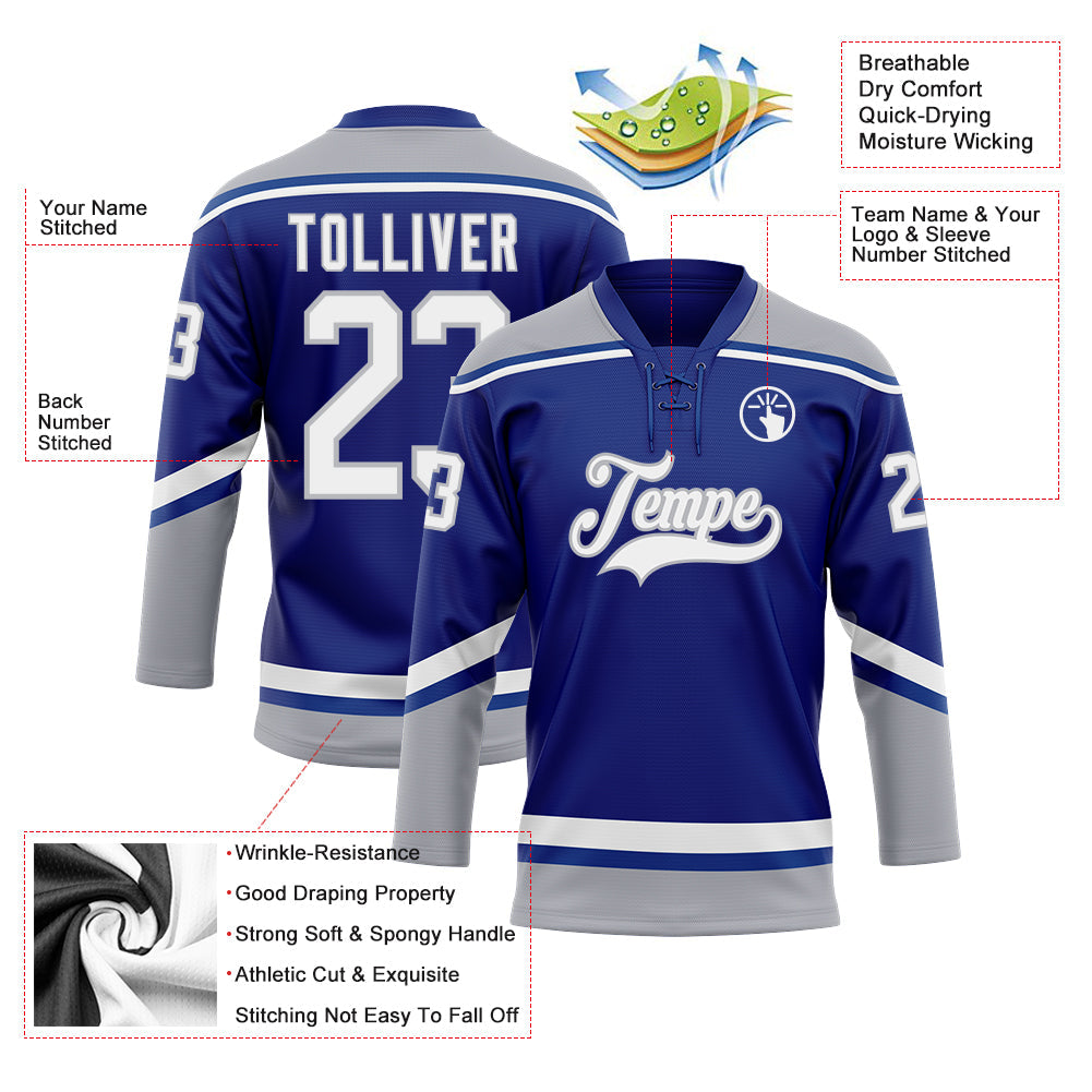Custom Hockey Jersey - Royal White-Gray Lace Neck product image 3