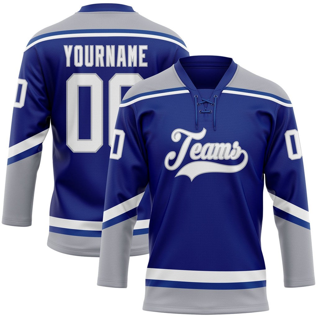Custom Hockey Jersey - Royal White-Gray Lace Neck product image 1