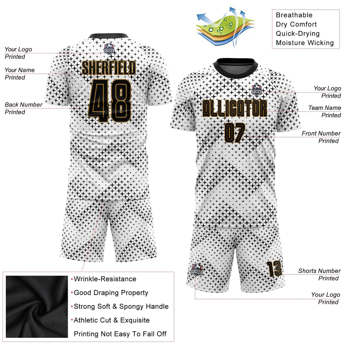 Custom Soccer Jersey - White Black-Old Gold Sublimation product image 3