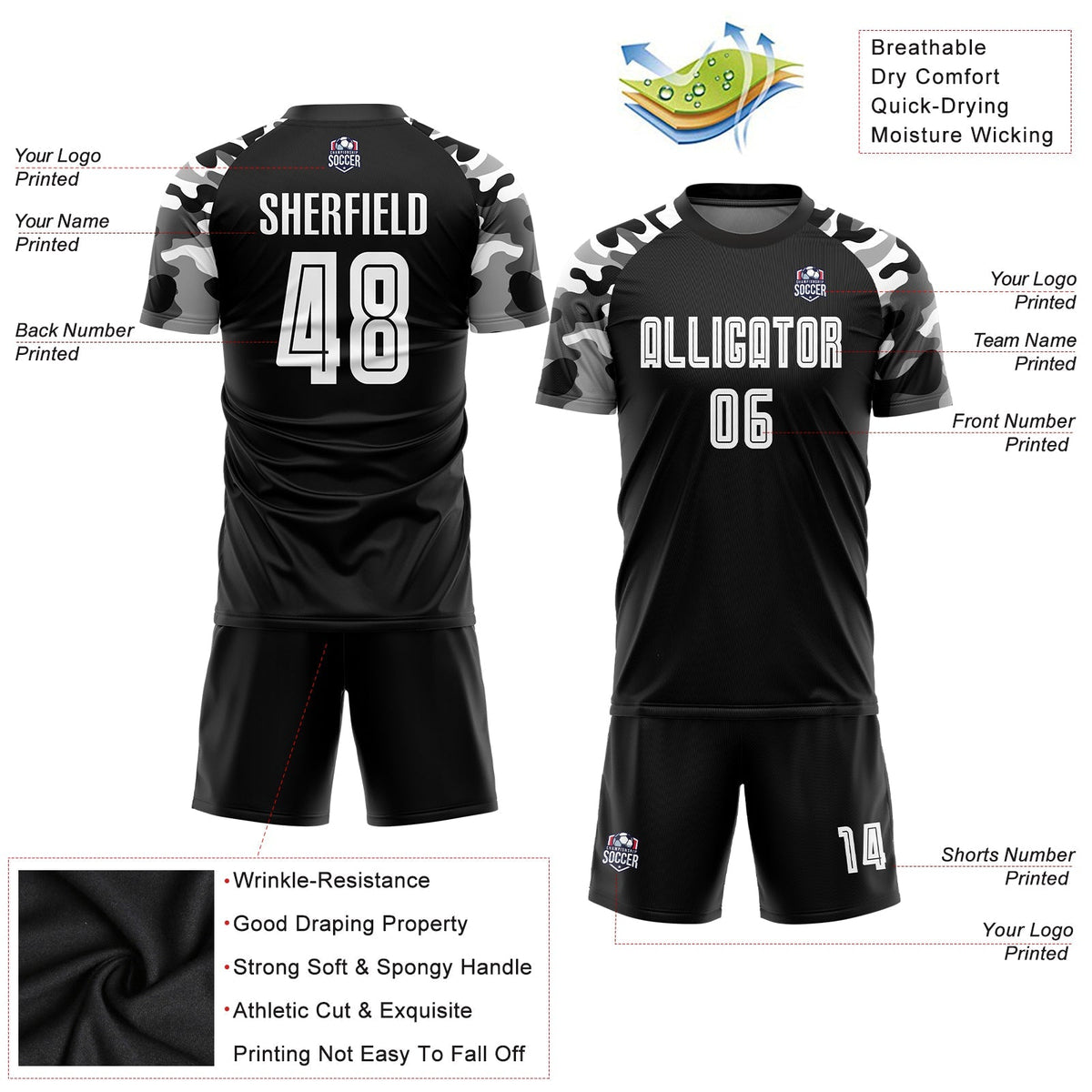 Custom Soccer Jersey - Black White-Camo Sublimation Uniform product image 5