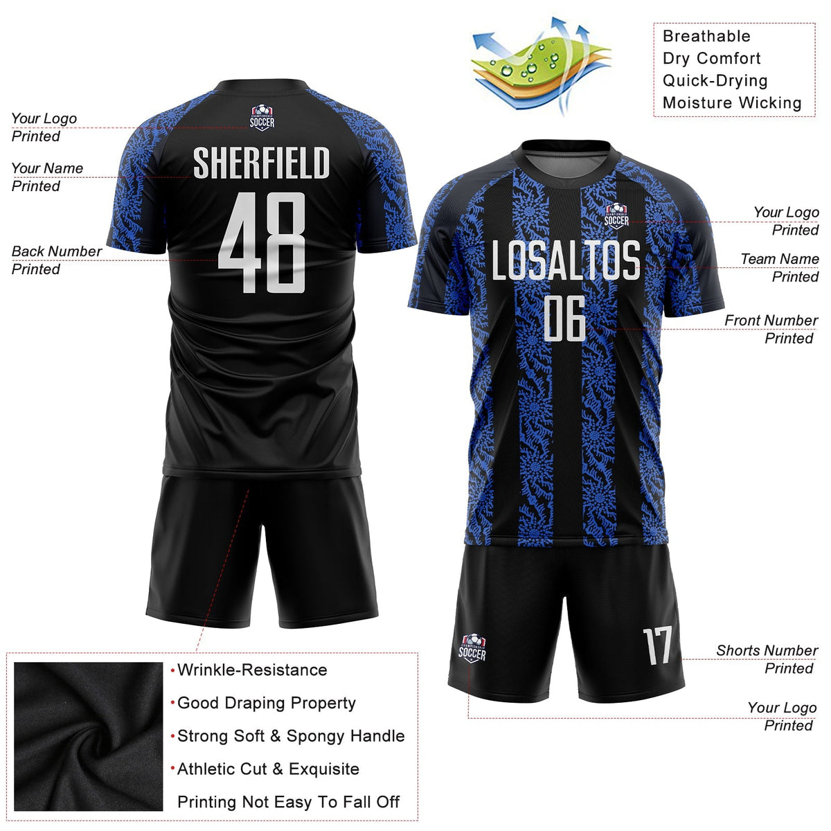 Custom Soccer Jersey - Black White-Royal Sublimation Uniform product image 5