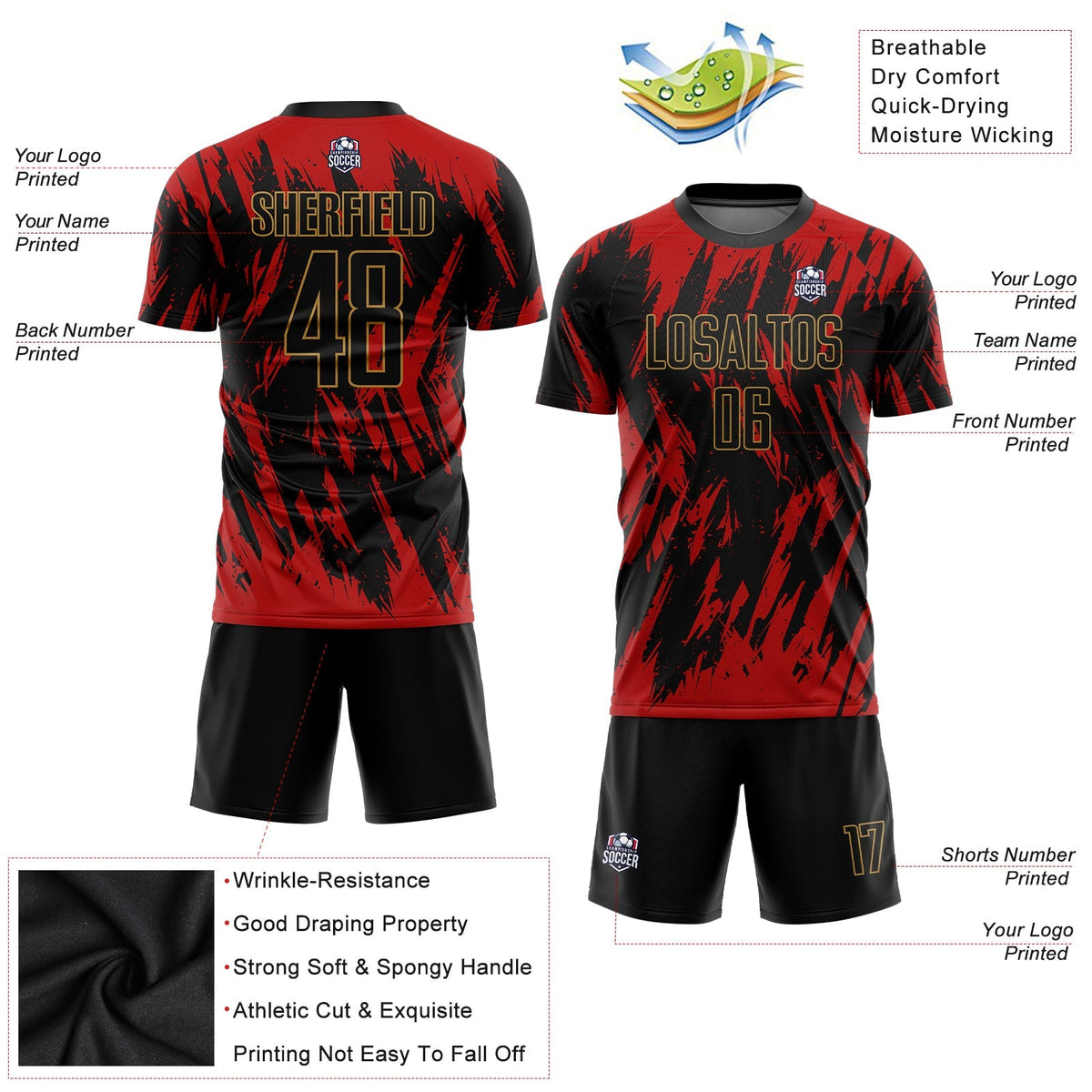 Custom Soccer Jersey - Red Black-Old Gold Sublimation product image 5