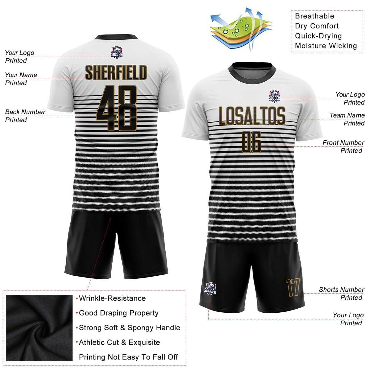Custom Soccer Jersey - White Black-Old Gold Sublimation product image 5