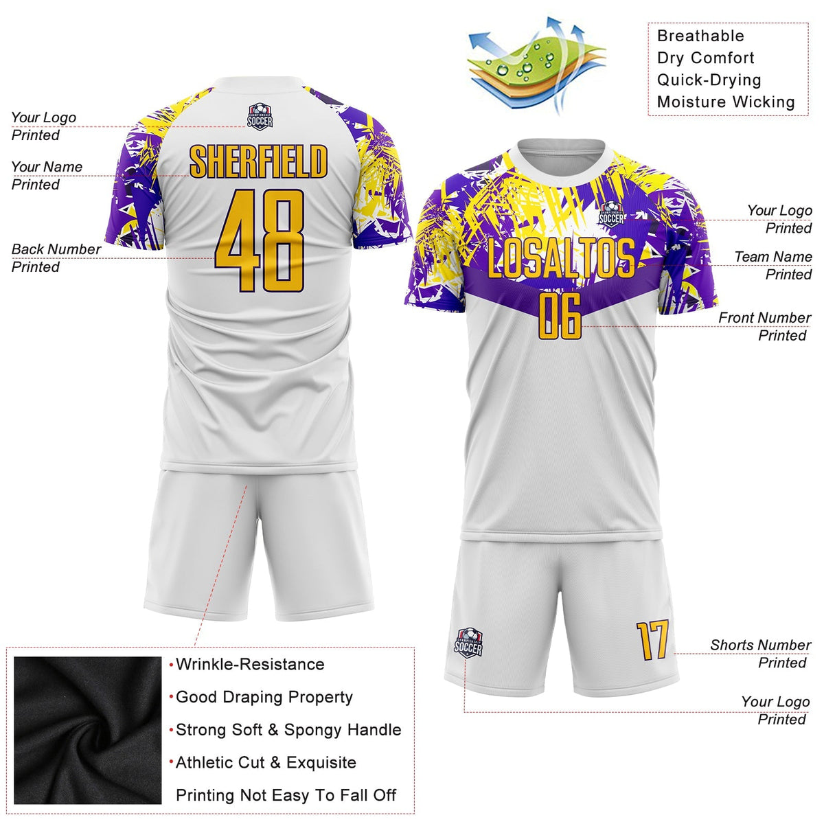 Custom Soccer Jersey - White Gold-Purple Sublimation Uniform product image 5