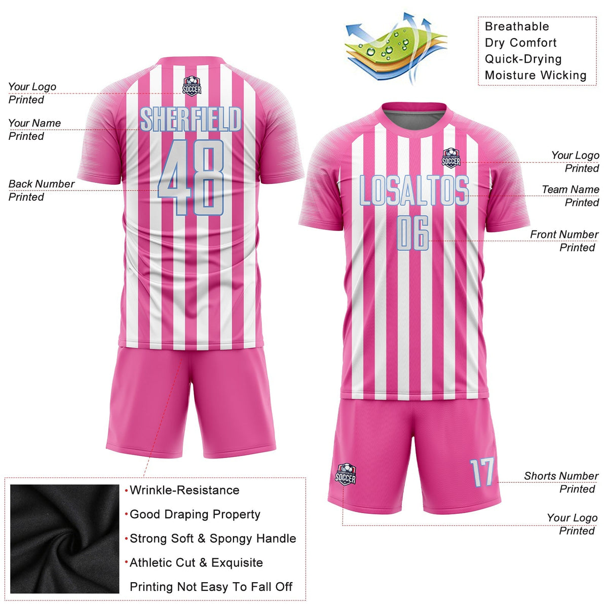 Custom Soccer Jersey - Pink White-Light Blue Sublimation product image 3