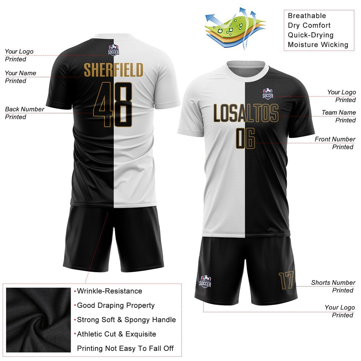 Custom Soccer Jersey - White Black-Old Gold Sublimation product image 3