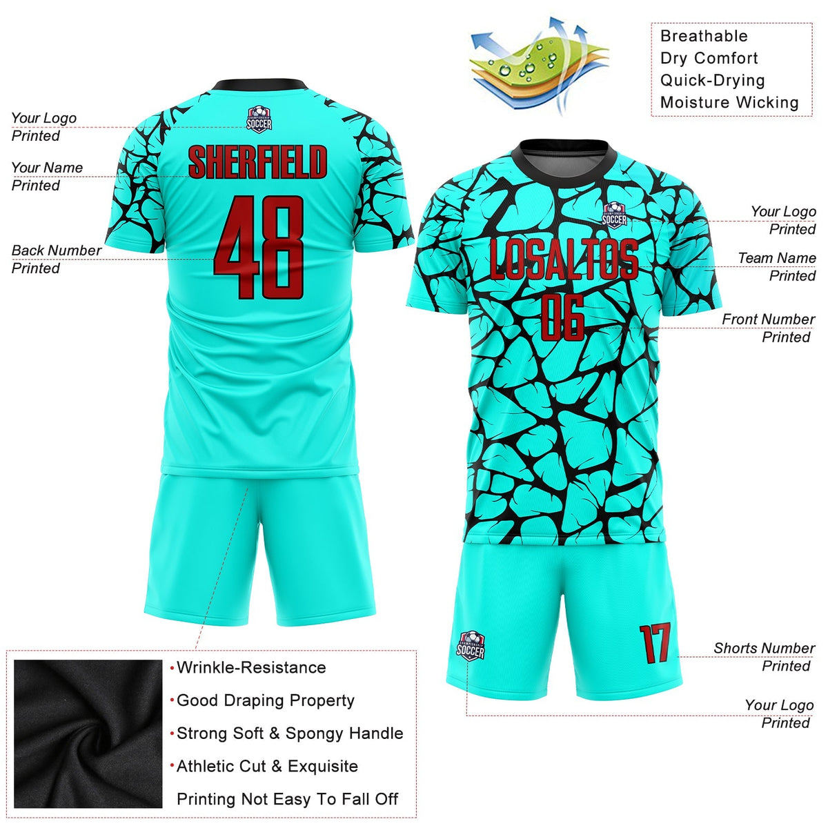 Custom Soccer Jersey - Aqua Red-Black Sublimation Uniform product image 5
