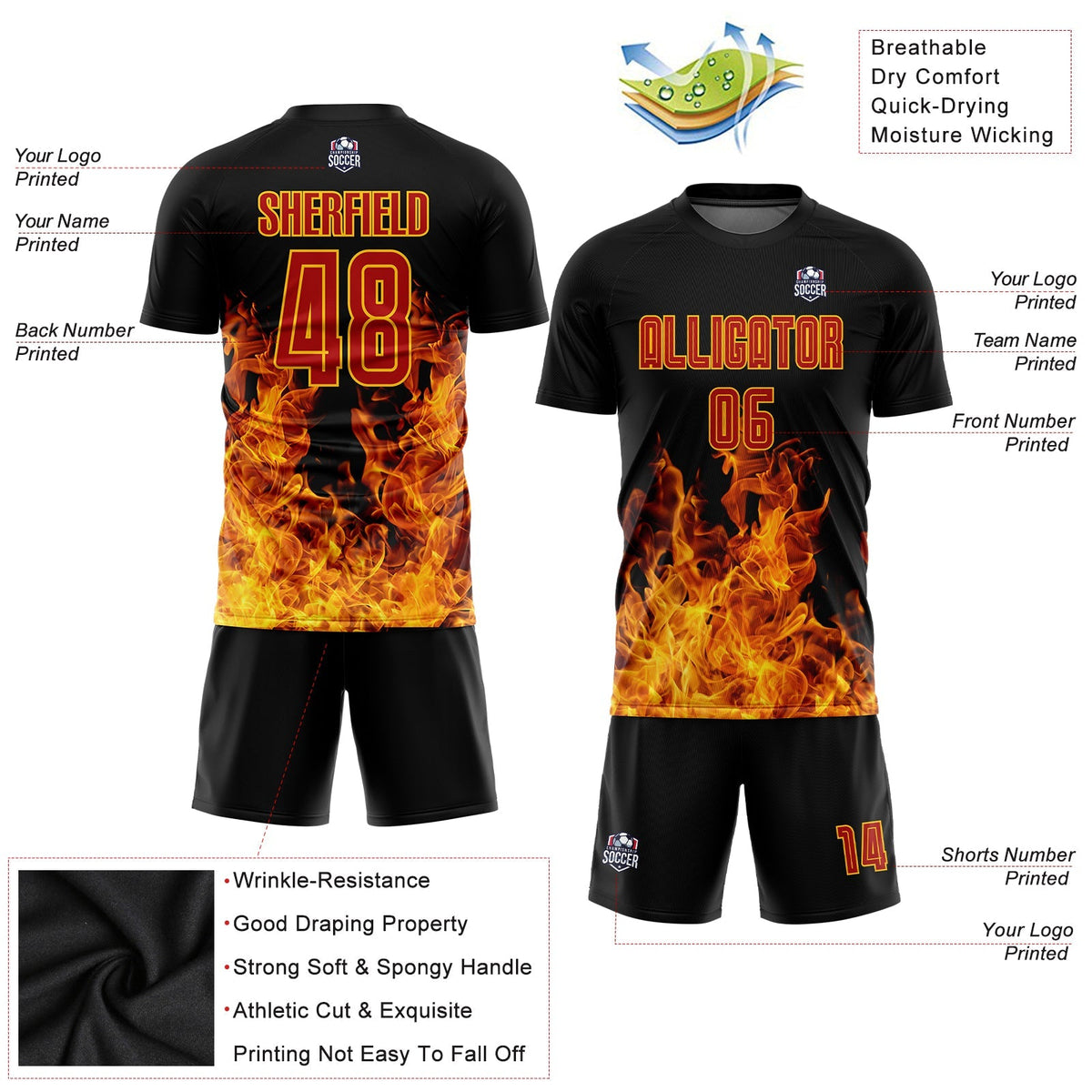 Custom Soccer Jersey - Black Red-Gold Flame Sublimation product image 5