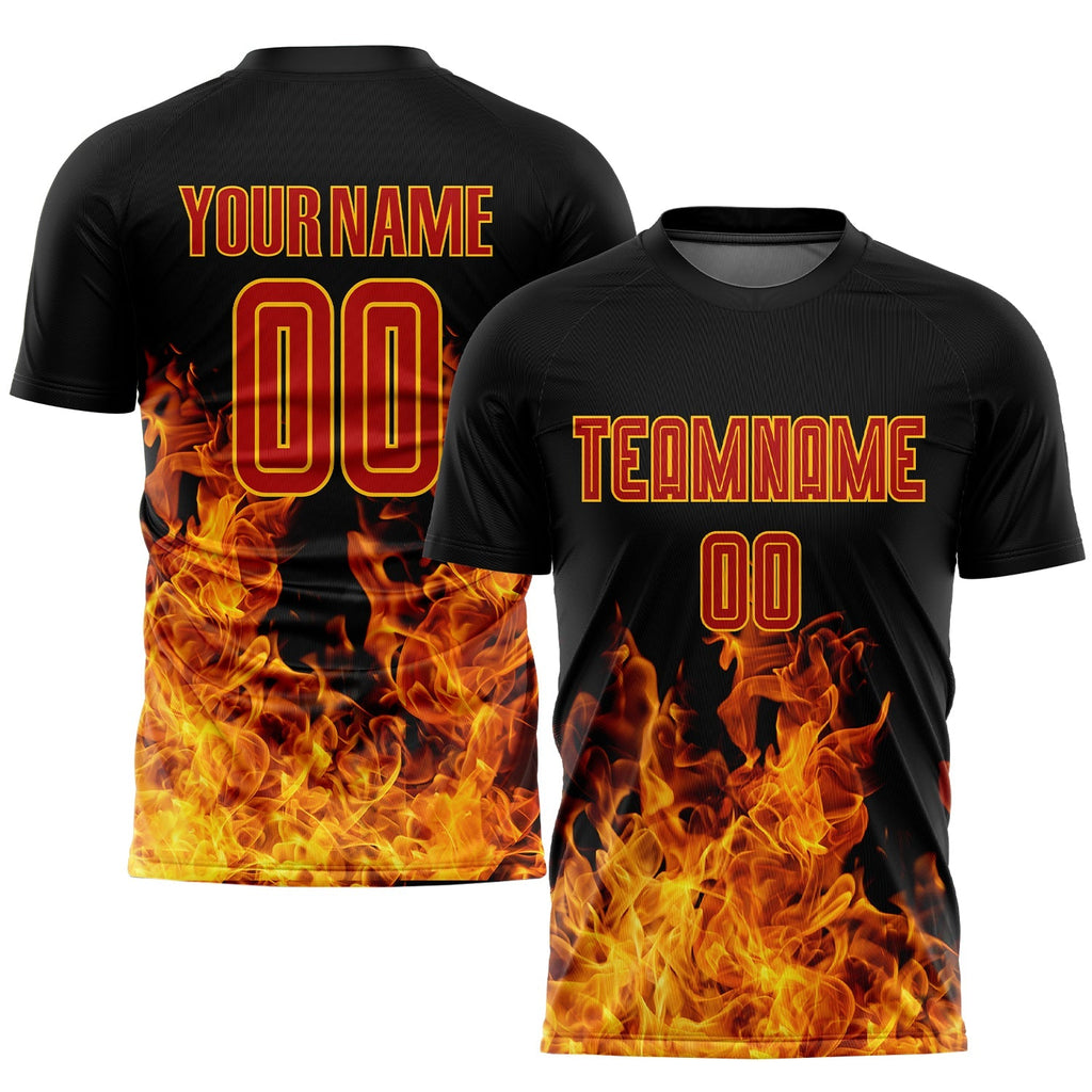 Custom Soccer Jersey - Black Red-Gold Flame Sublimation product image 1