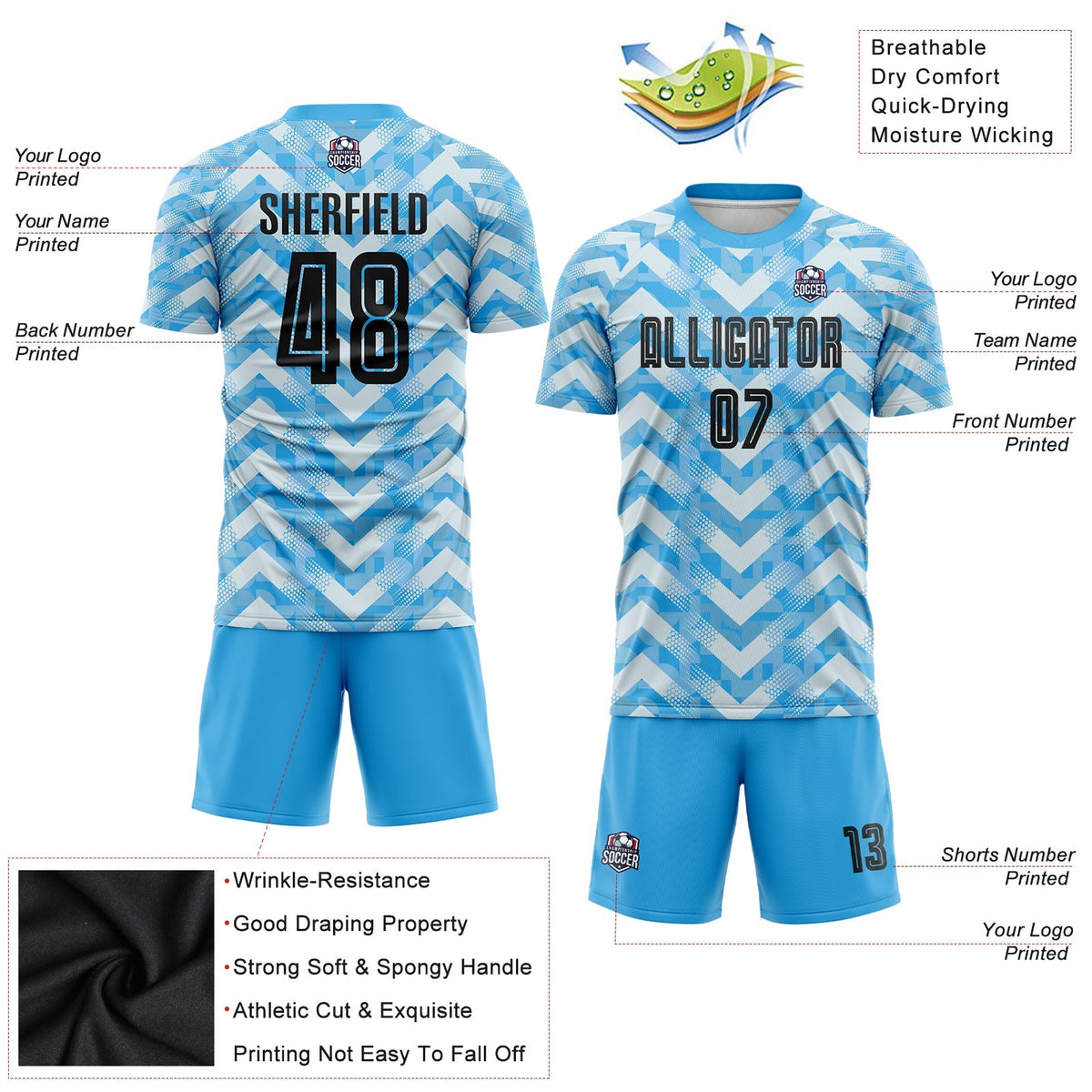 Custom Soccer Jersey - Light Blue Black-White Home product image 5