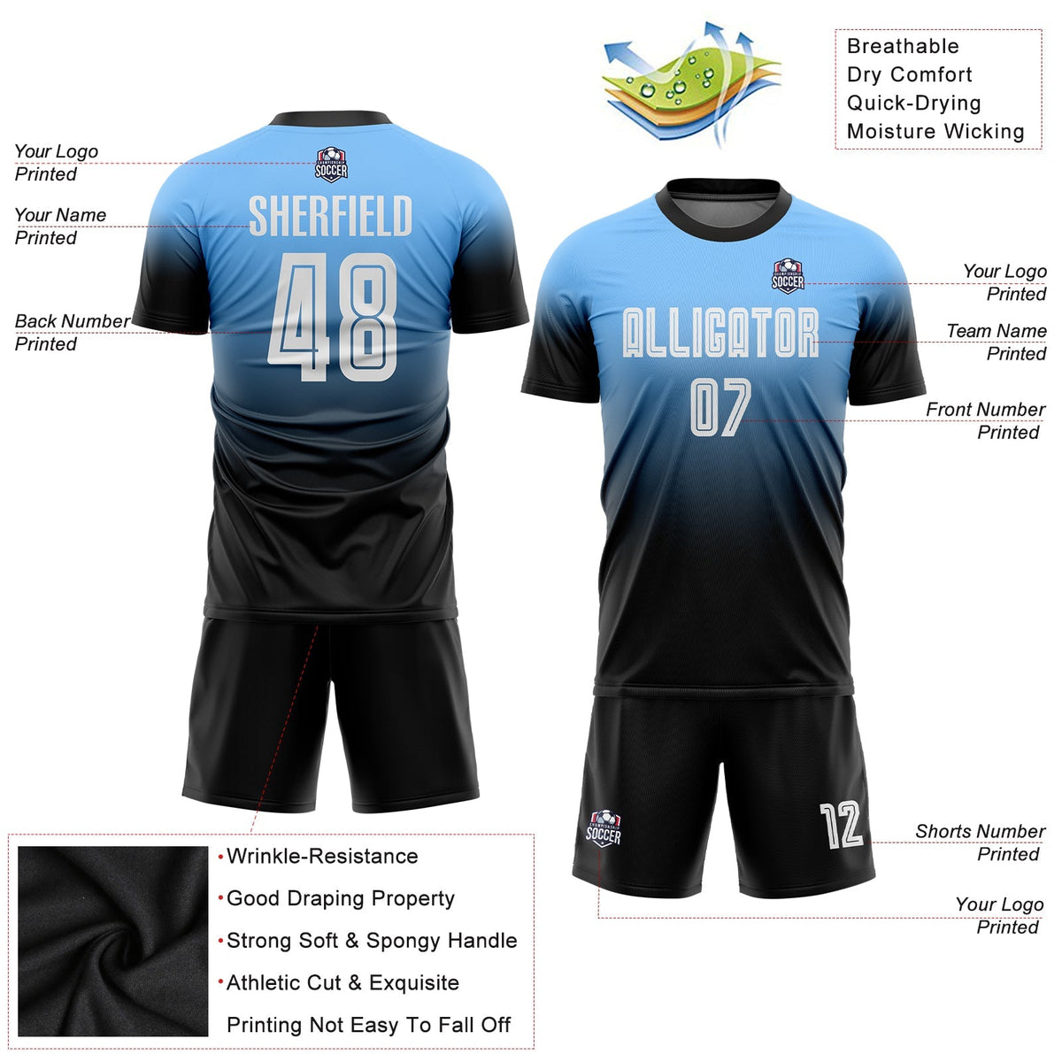 Custom Soccer Jersey - Powder Blue White-Black Sublimation product image 3