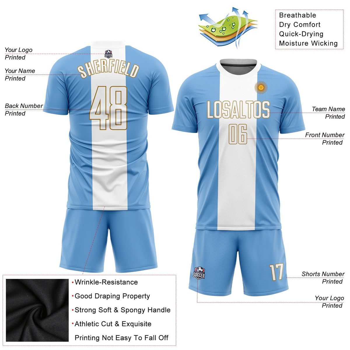 Custom Soccer Jersey - Light Blue White-Old Gold product image 5