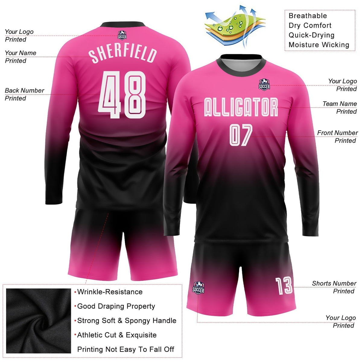 Custom Soccer Jersey - Pink White-Black Sublimation Long product image 3