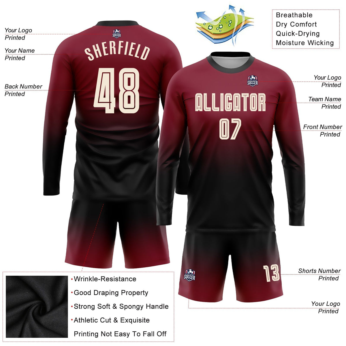 Custom Soccer Jersey - Crimson Cream-Black Sublimation Long product image 3