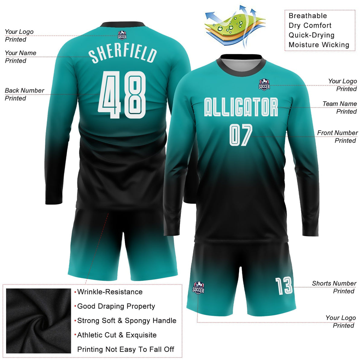 Custom Soccer Jersey - Aqua White-Black Sublimation Long product image 3