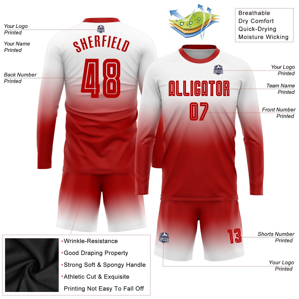 Custom Soccer Jersey - White Red Sublimation Long Sleeve product image 3