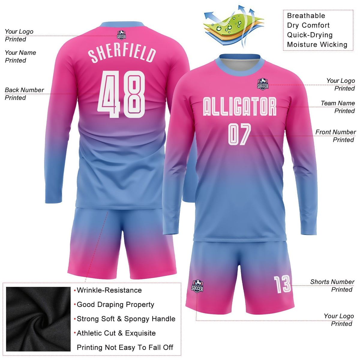 Custom Soccer Jersey - Pink White-Light Blue Sublimation product image 3