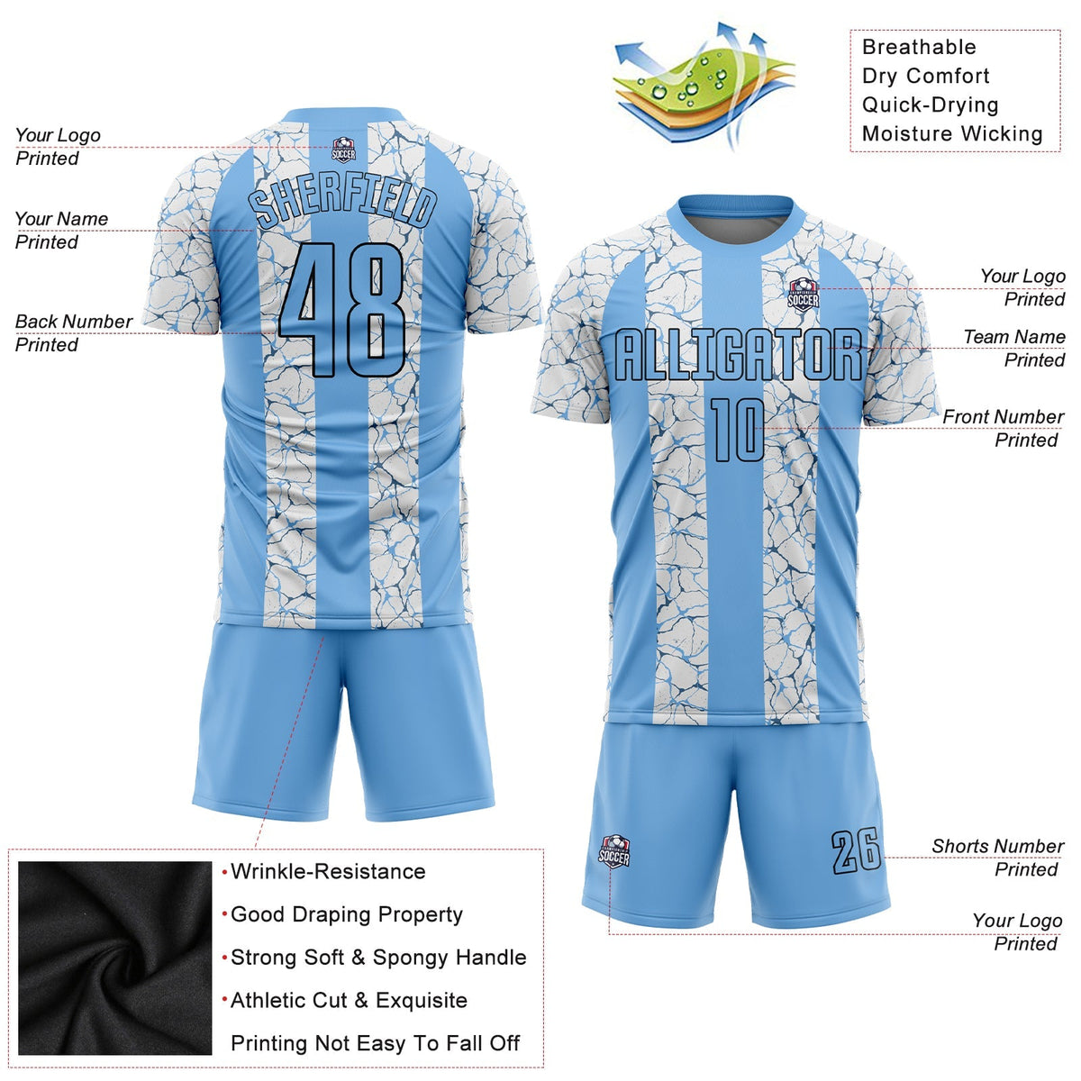 Custom Soccer Jersey - Light Blue Black-White Sublimation product image 3