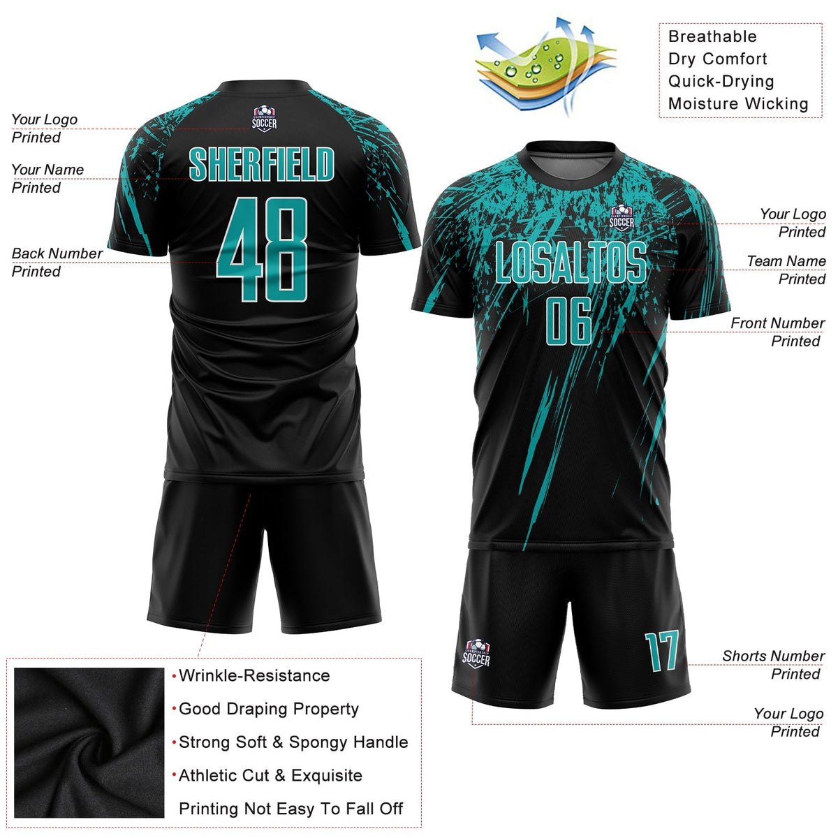 Custom Soccer Jersey - Black Aqua-White Sublimation Uniform product image 5