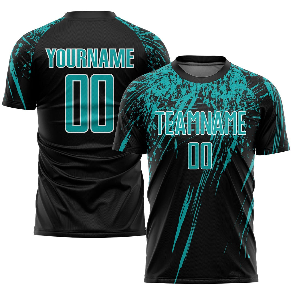 Custom Soccer Jersey - Black Aqua-White Sublimation Uniform product image 1