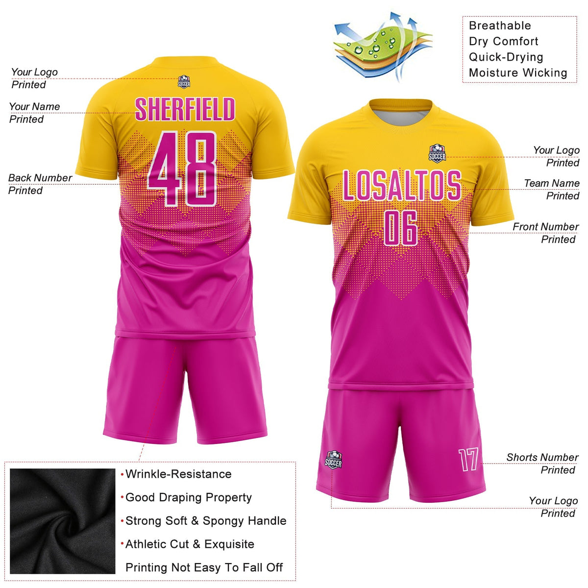 Custom Soccer Jersey - Gold Deep Pink-White Sublimation product image 3