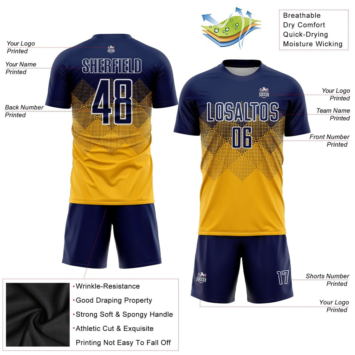 Custom Soccer Jersey - Gold Navy-White Sublimation Uniform product image 3
