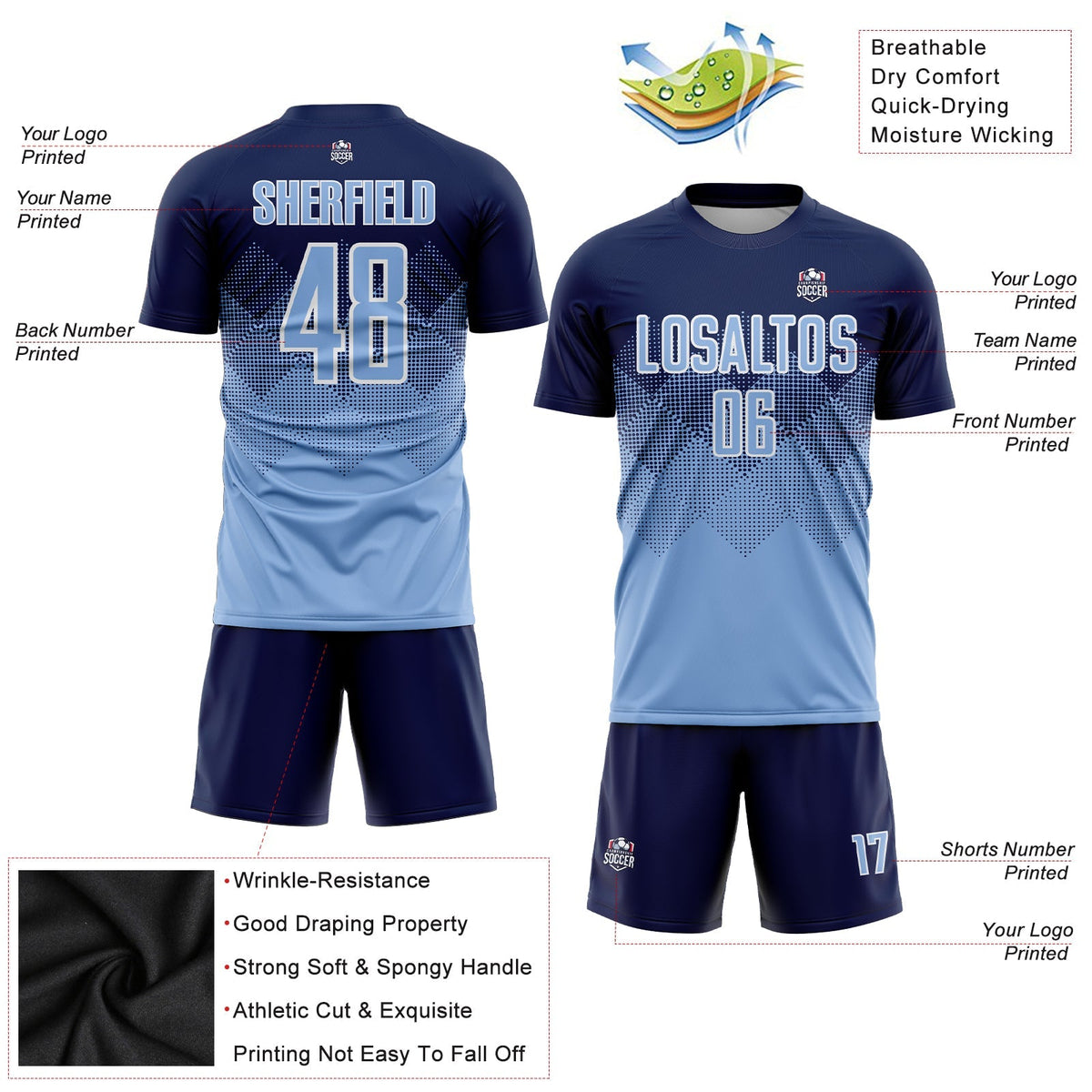 Custom Soccer Jersey - Navy Light Blue-White Sublimation product image 3