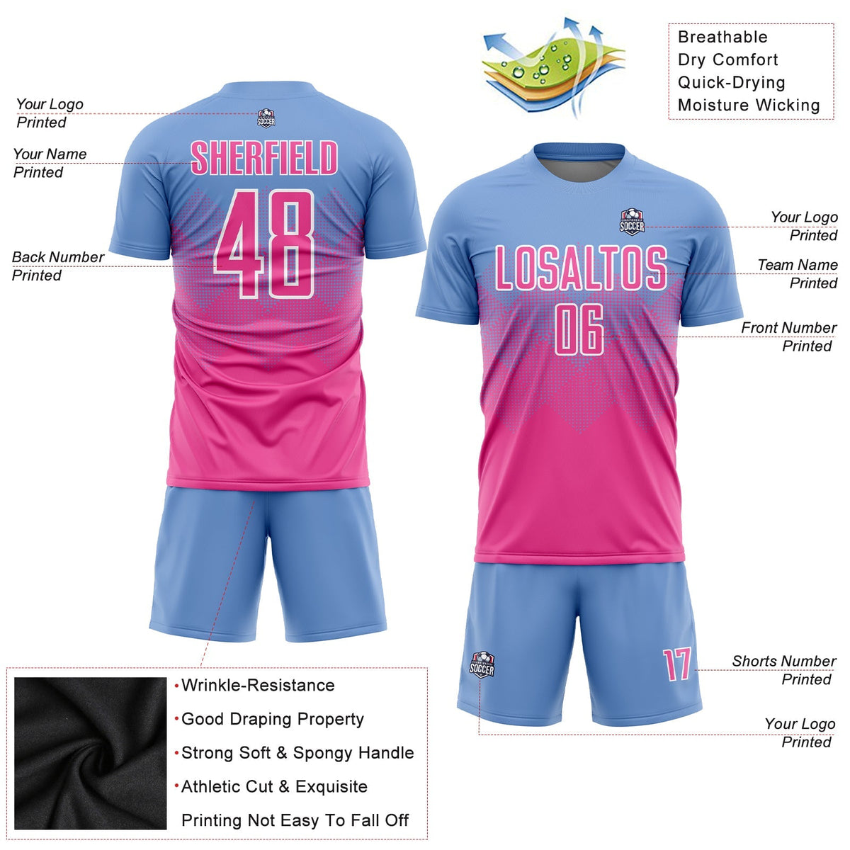 Custom Soccer Jersey - Light Blue Pink-White Sublimation product image 3