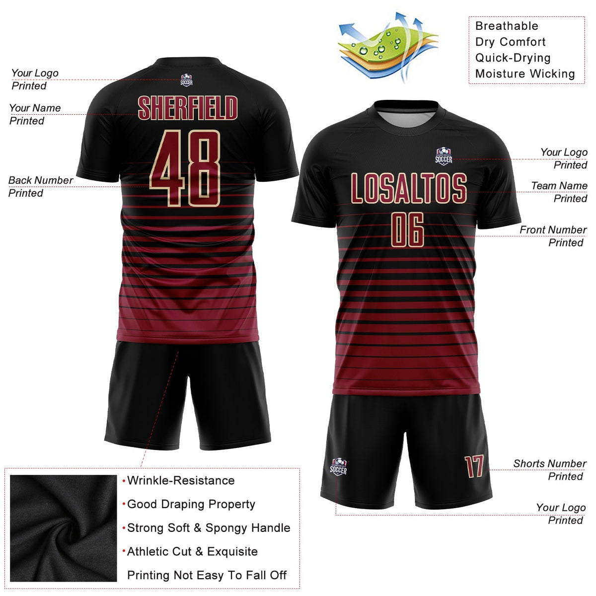 Custom Soccer Jersey - Black Maroon-Cream Pinstripe Fade product image 3