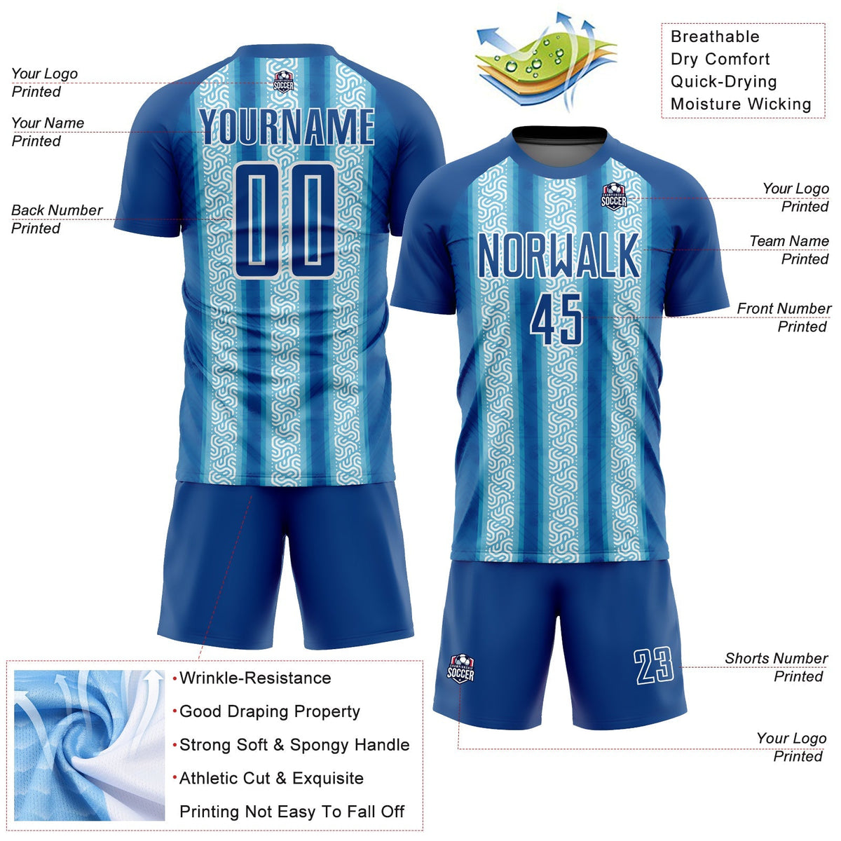 Custom Soccer Jersey - Blue Light Blue-White Ethnic Stripes product image 4