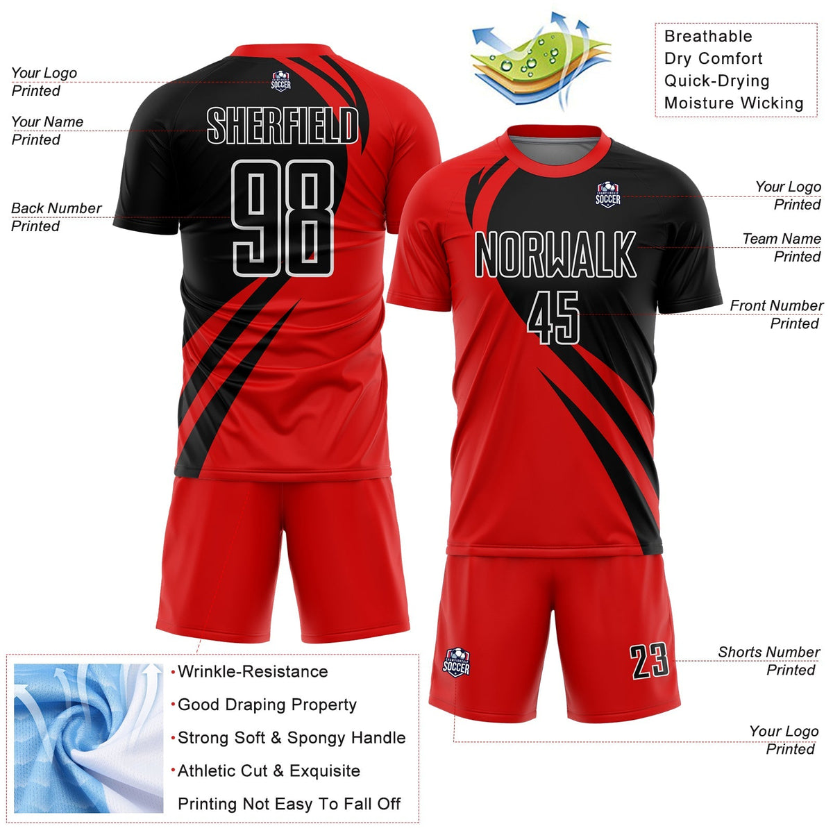 Custom Soccer Jersey - Red Black-White Curve Lines product image 4