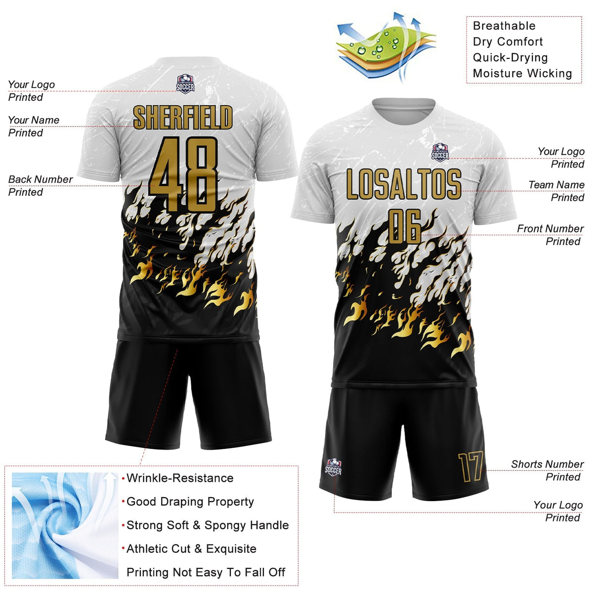 Custom Soccer Jersey - White Old Gold-Black Flame product image 4