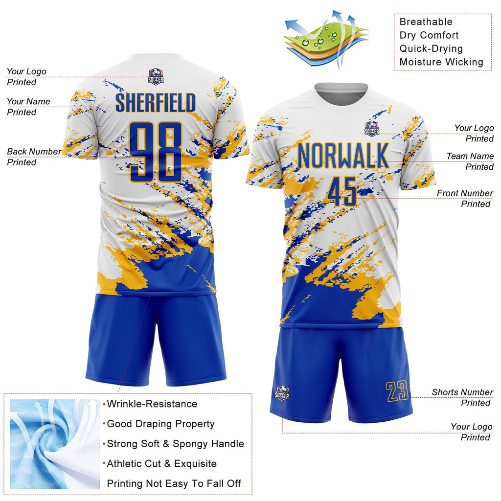 Custom Soccer Jersey - White Thunder Blue-Gold Abstract product image 4