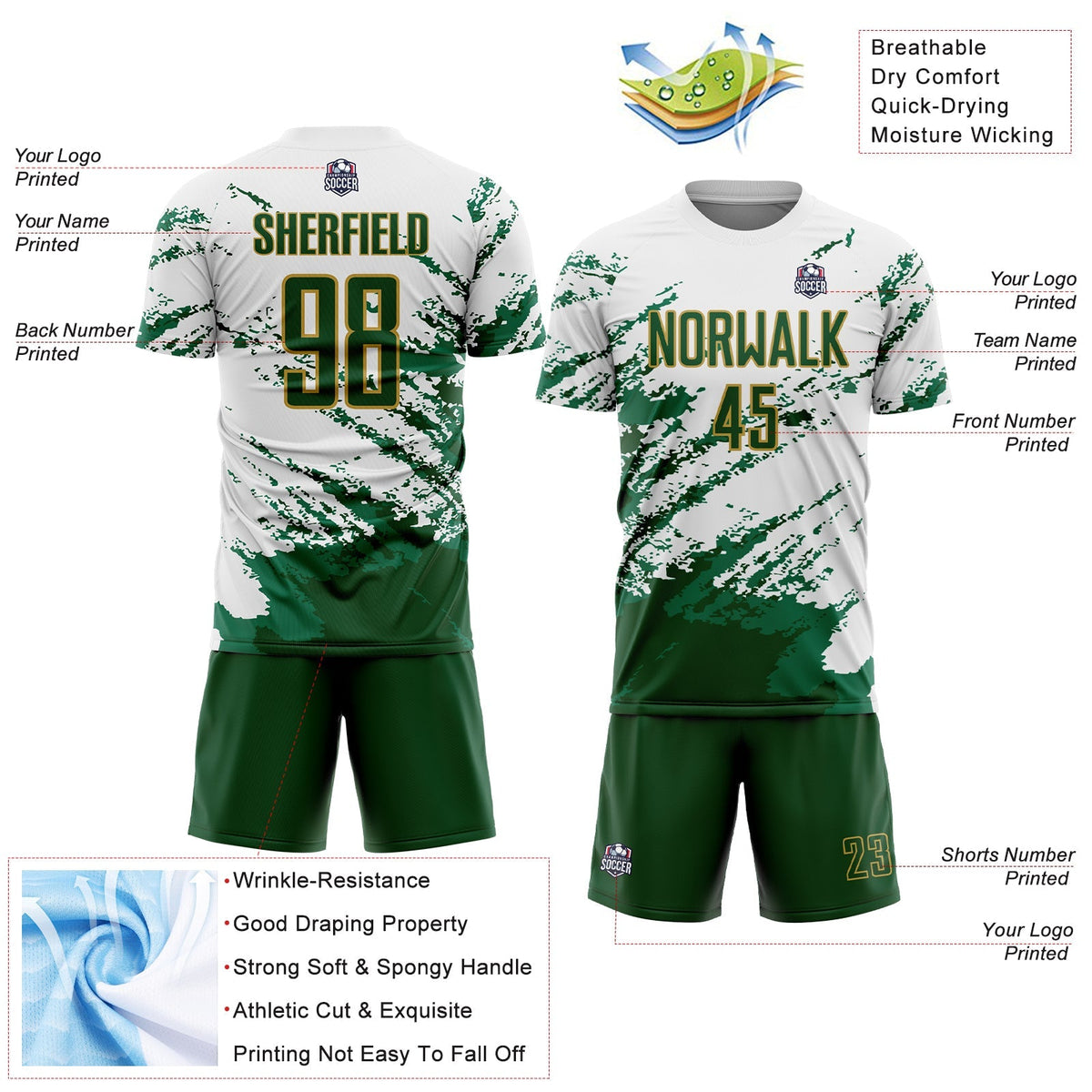 Custom Soccer Jersey - White Green Kelly Green-Gold product image 4