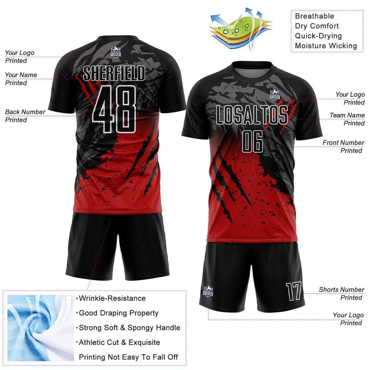 Custom Soccer Jersey - Black Red-White Gradient Scratch product image 4