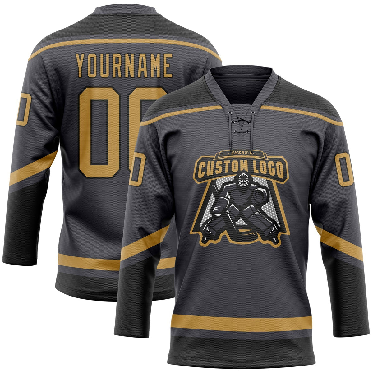 Custom Hockey Jersey - Steel Gray Old Gold-Black Lace Neck product image 2