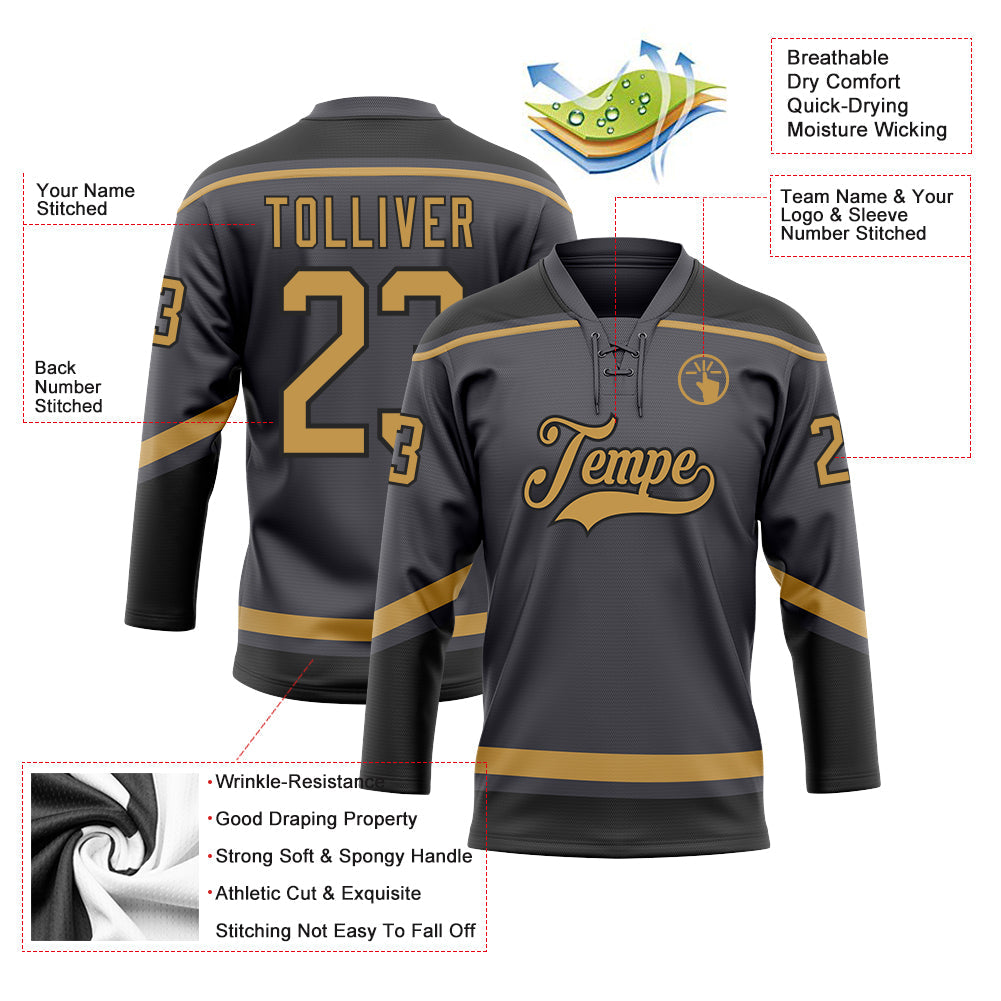 Custom Hockey Jersey - Steel Gray Old Gold-Black Lace Neck product image 3