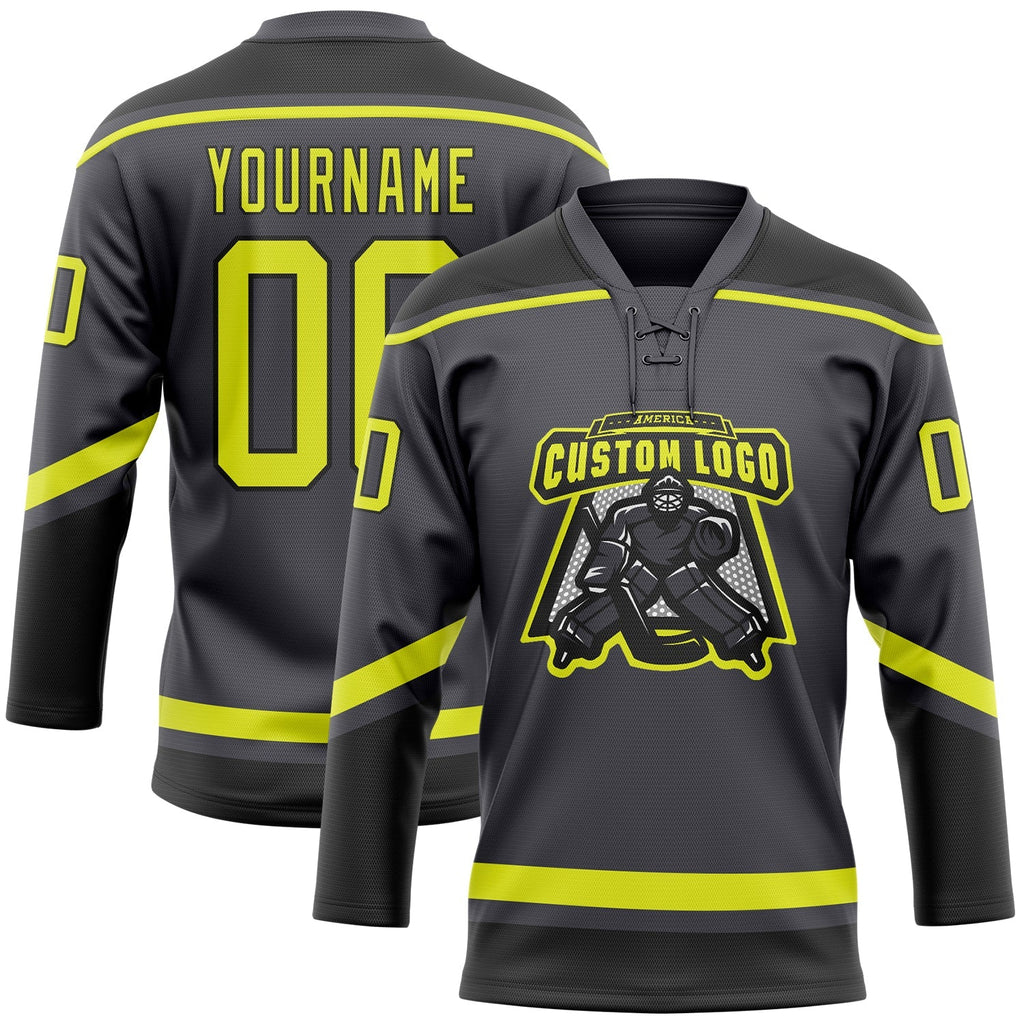 Custom Hockey Jersey - Steel Gray Neon Yellow-Black Lace product image 2