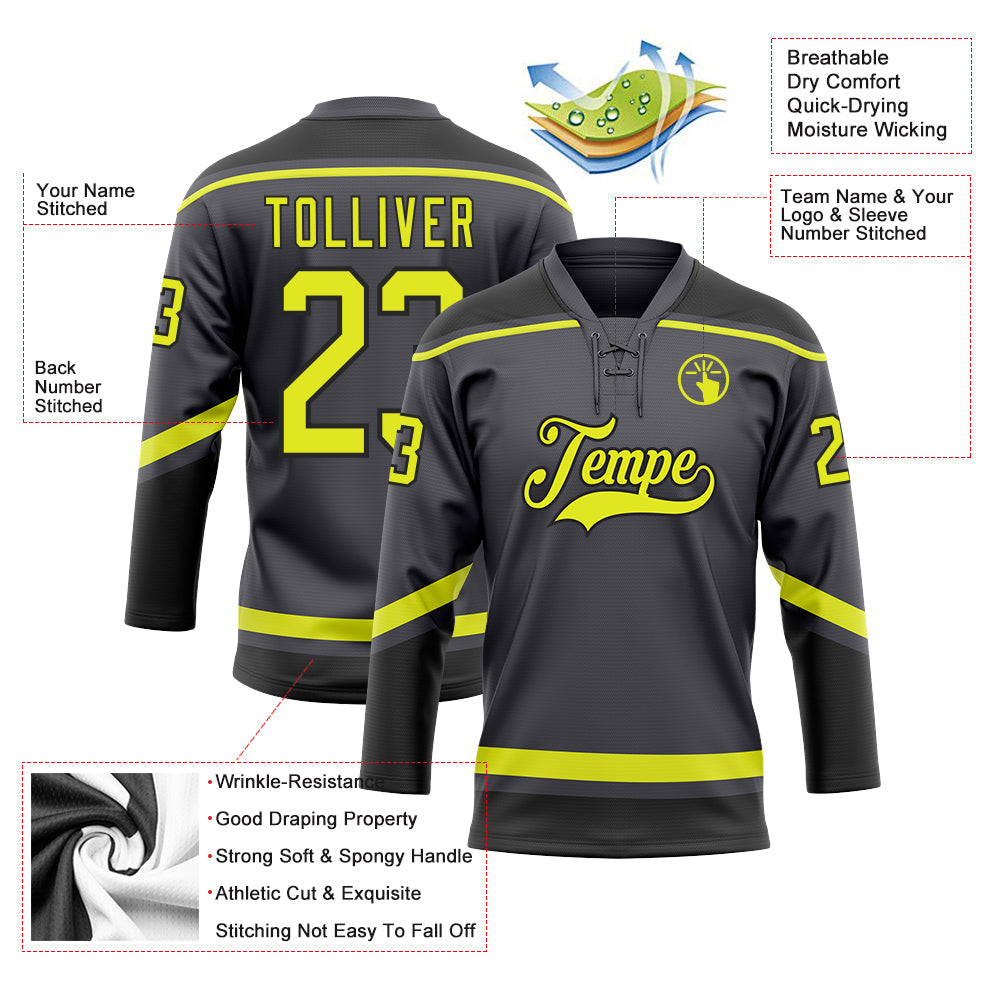 Custom Hockey Jersey - Steel Gray Neon Yellow-Black Lace product image 3
