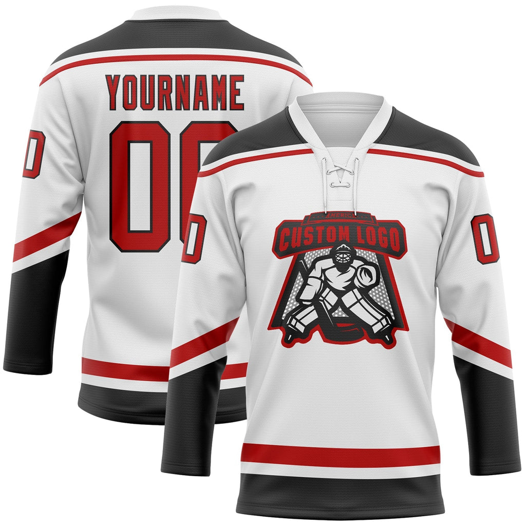 Custom Hockey Jersey - White Red-Black Lace Neck product image 2
