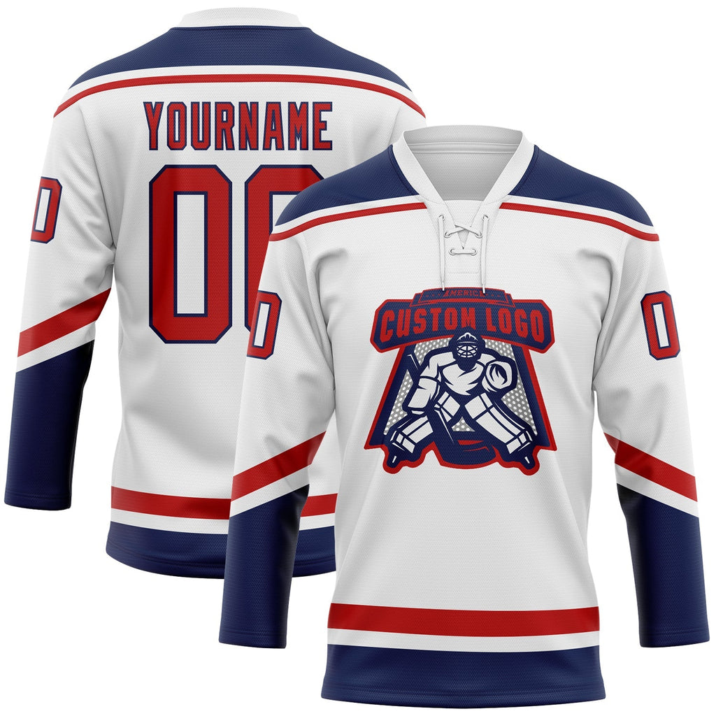Custom Hockey Jersey - White Red-Navy Lace Neck product image 2