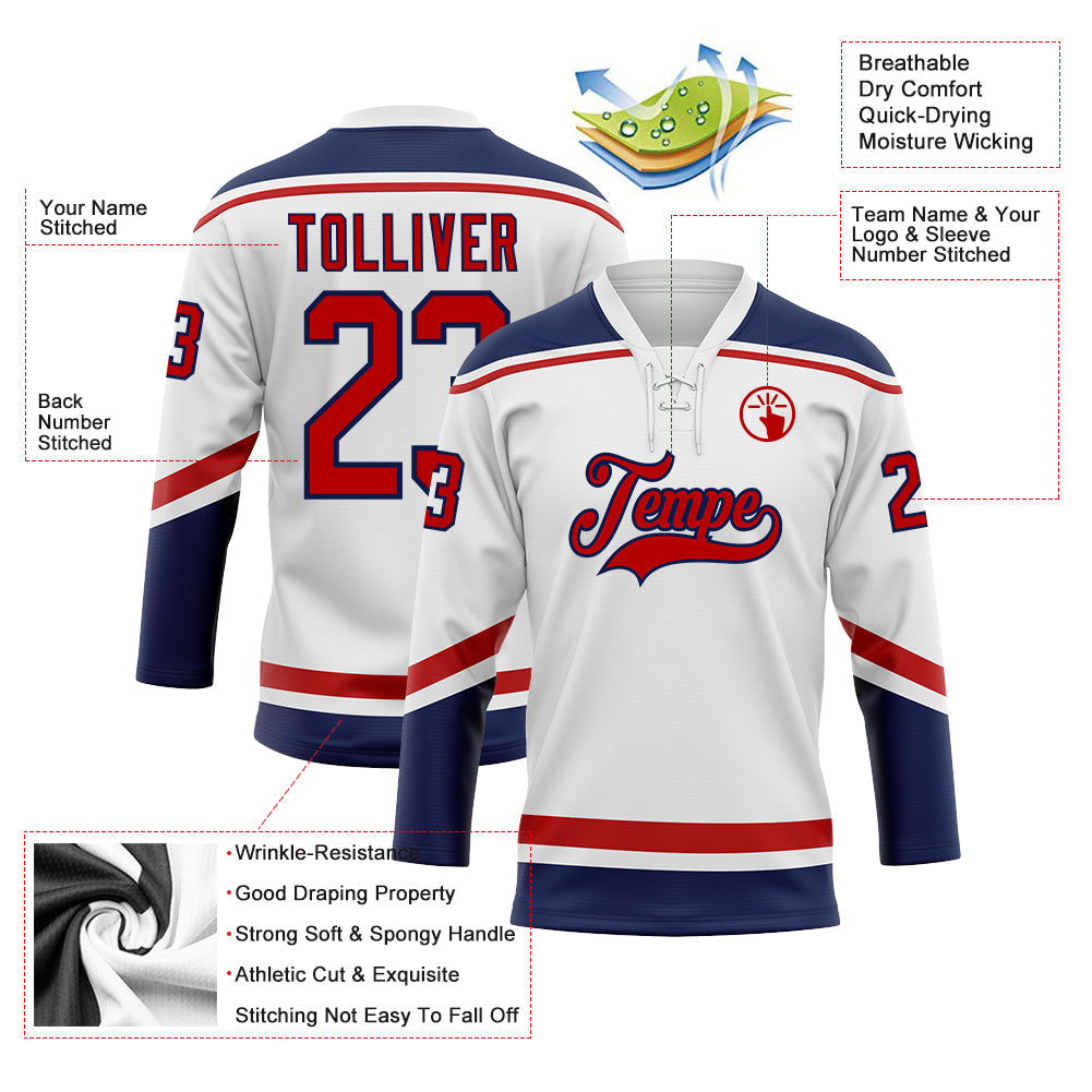 Custom Hockey Jersey - White Red-Navy Lace Neck product image 3