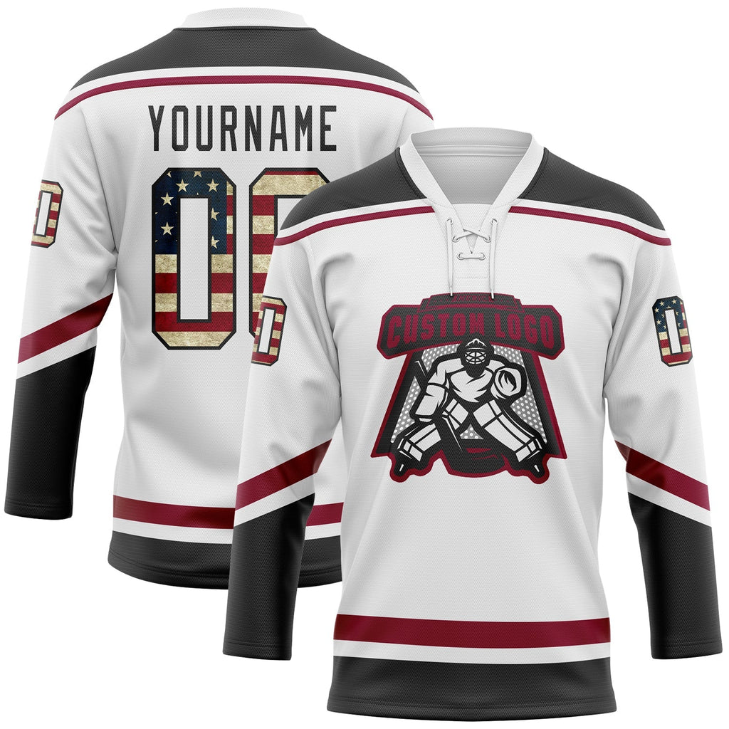 Custom Hockey Jersey - White Vintage USA Flag Black-Maroon product image 2