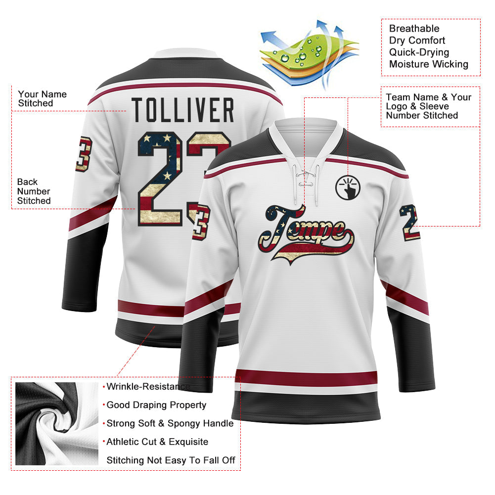 Custom Hockey Jersey - White Vintage USA Flag Black-Maroon product image 3