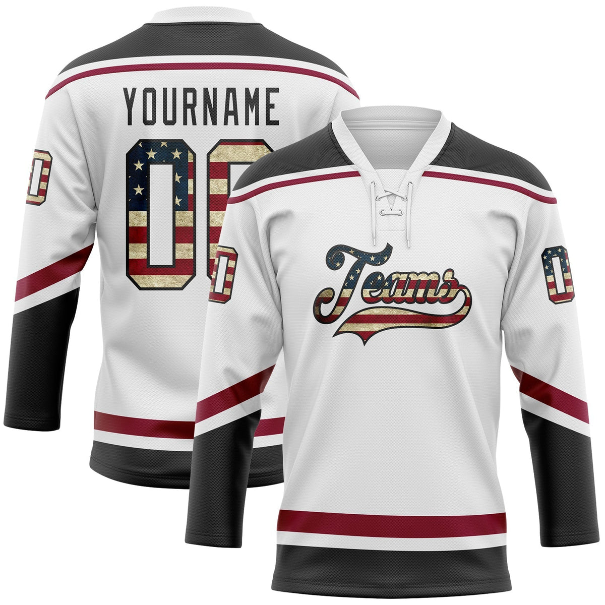 Custom Hockey Jersey - White Vintage USA Flag Black-Maroon product image 1
