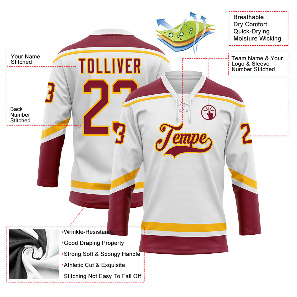 Custom Hockey Jersey - White Crimson-Gold Lace Neck product image 3