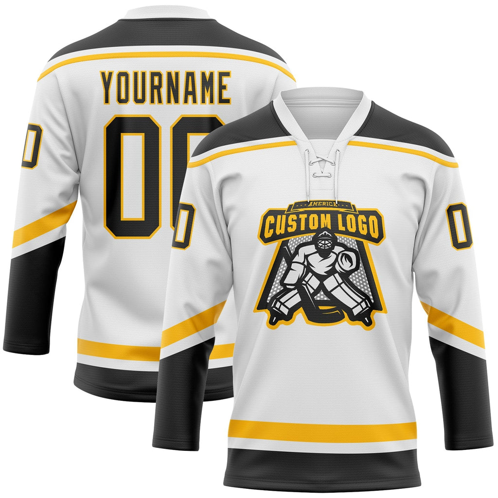 Custom Hockey Jersey - White Black-Gold Lace Neck product image 2