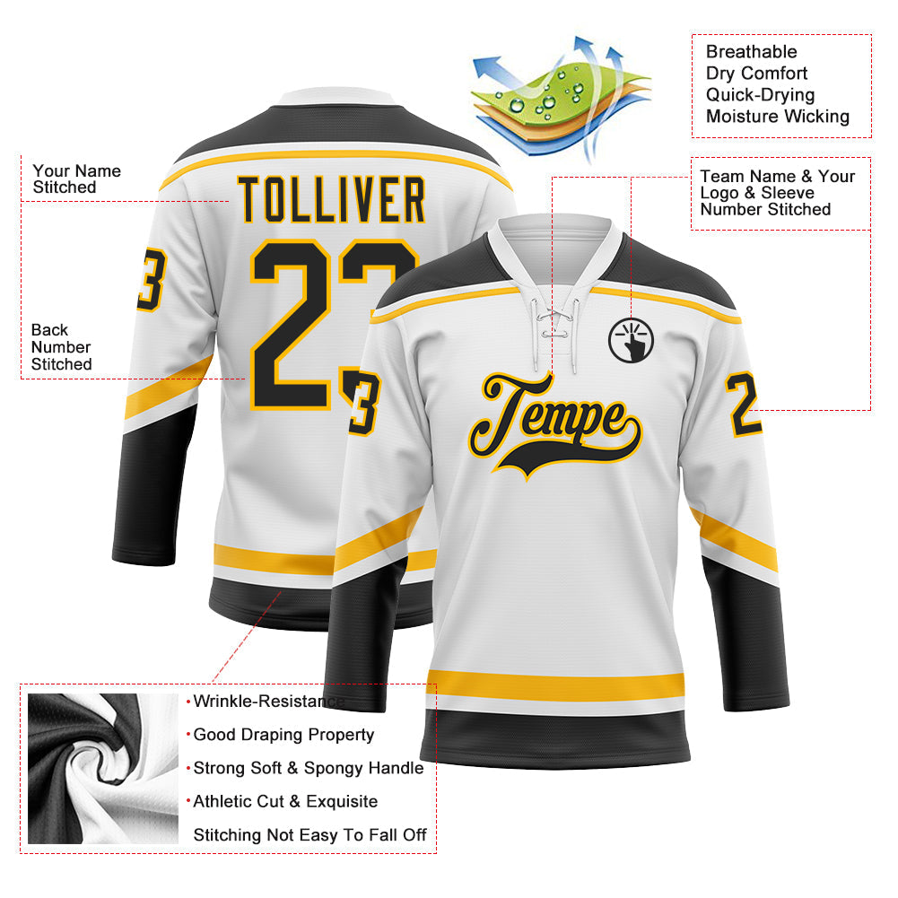 Custom Hockey Jersey - White Black-Gold Lace Neck product image 3